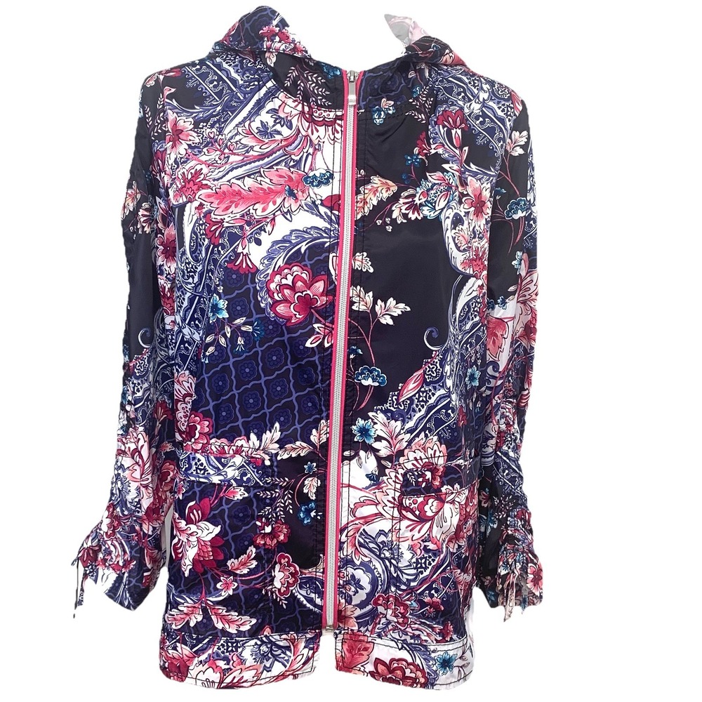 Chicos 1 Zenergy Full Zip Hood Lightweight Jacket 8/10 Floral Colorful Pockets